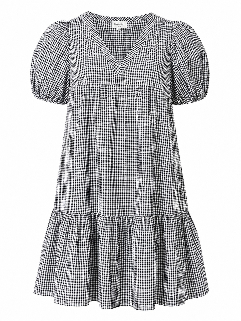 CALVIN KLEIN | Black White Gingham Puff Sleeve Ruffle Hem Dress Cottagecore | 16